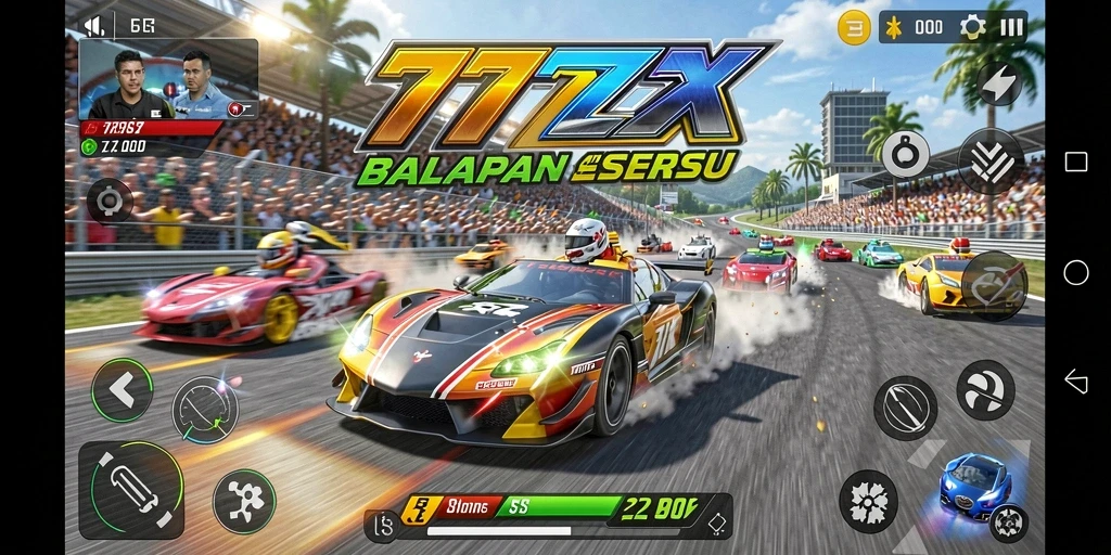 Screenshot gameplay 777ZX yang menunjukkan mobil balap di lintasan.