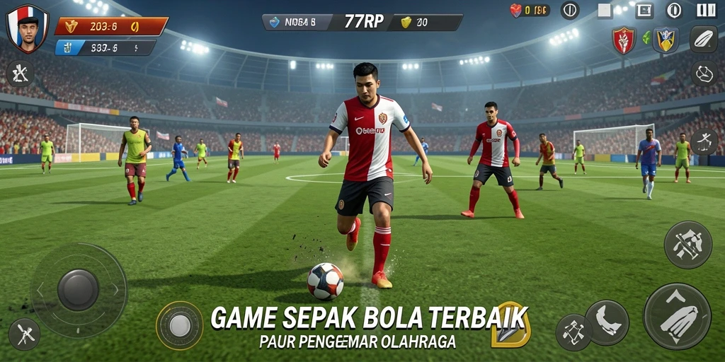 Tangkapan layar permainan 77RP yang menunjukkan aksi sepak bola yang mendebarkan.