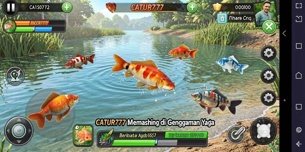 Screenshot menunjukkan pemain menangkap ikan besar dalam permainan Fishing.