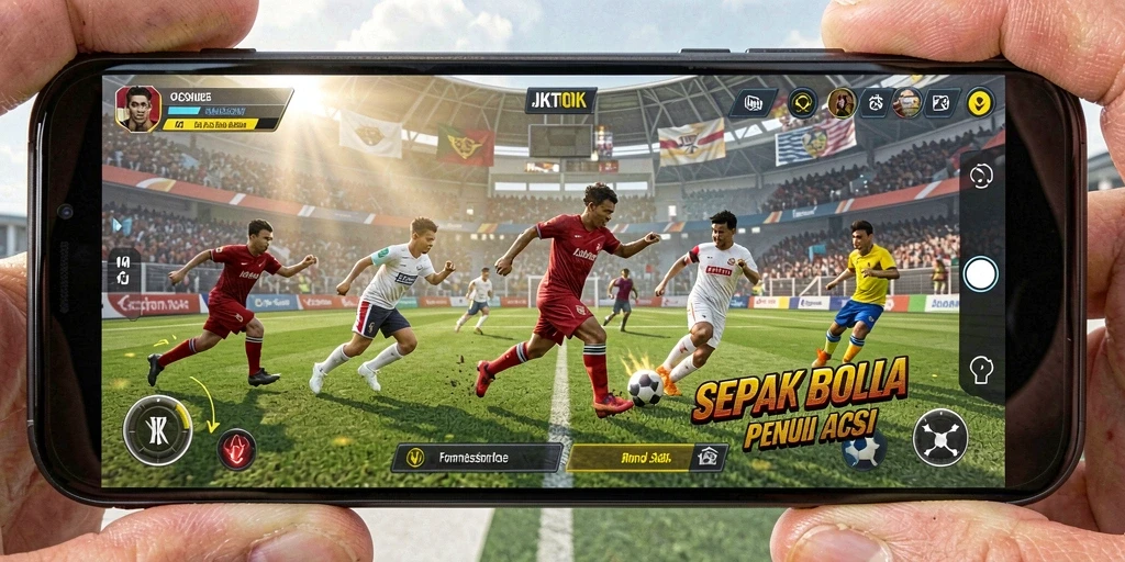 Gameplay JKTOK menampilkan aksi sepak bola yang mendebarkan.