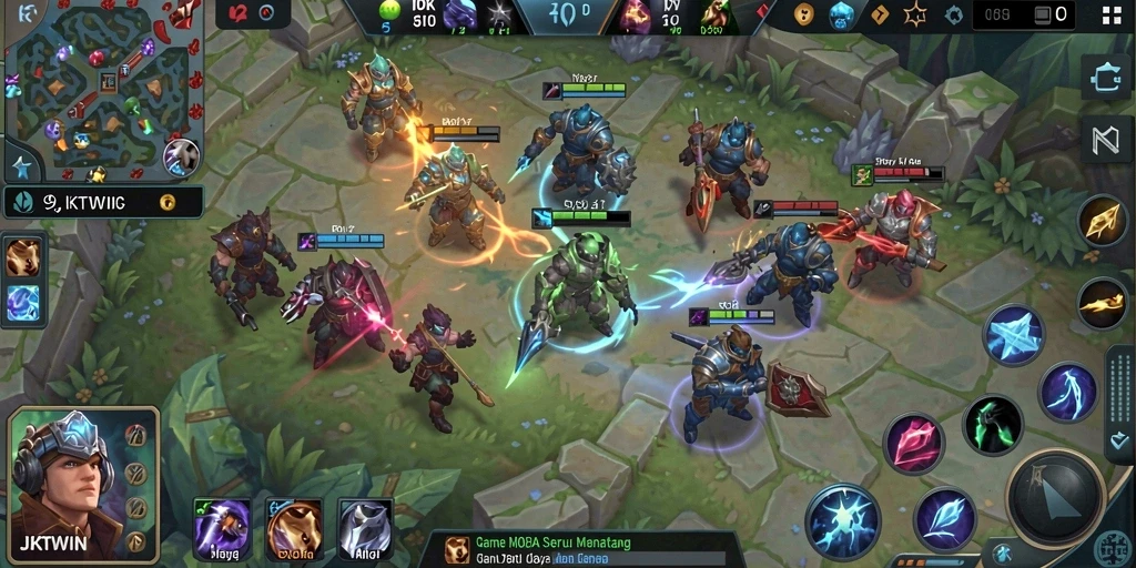 Screenshot JKTWIN menampilkan aksi pertempuran seru dalam game MOBA.