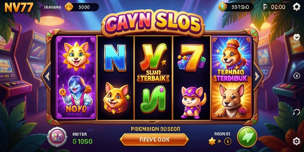 Gameplay menarik NV77 dengan simbol slot berwarna-warni.