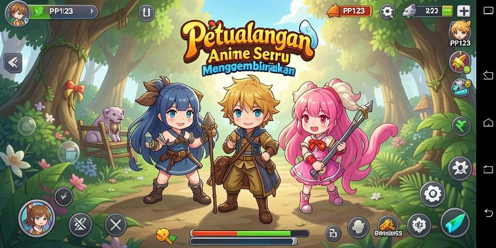 Tampilan gameplay PP123 yang penuh aksi dan karakter anime yang menawan.